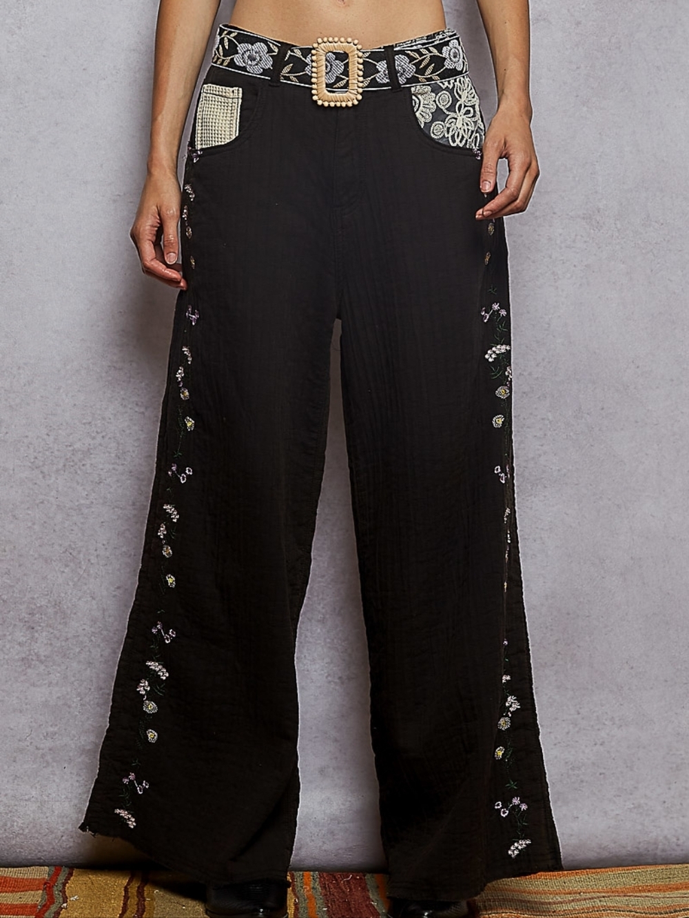 POL Embroidered Wide-Leg Gauze  Black Pants